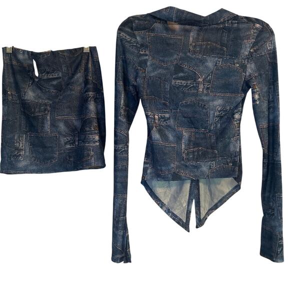 NWT Fashion Nova Denim LOOK 2 Piece Skirt/Blouse Button Front Elastic Waist Sz S - Picture 2 of 9